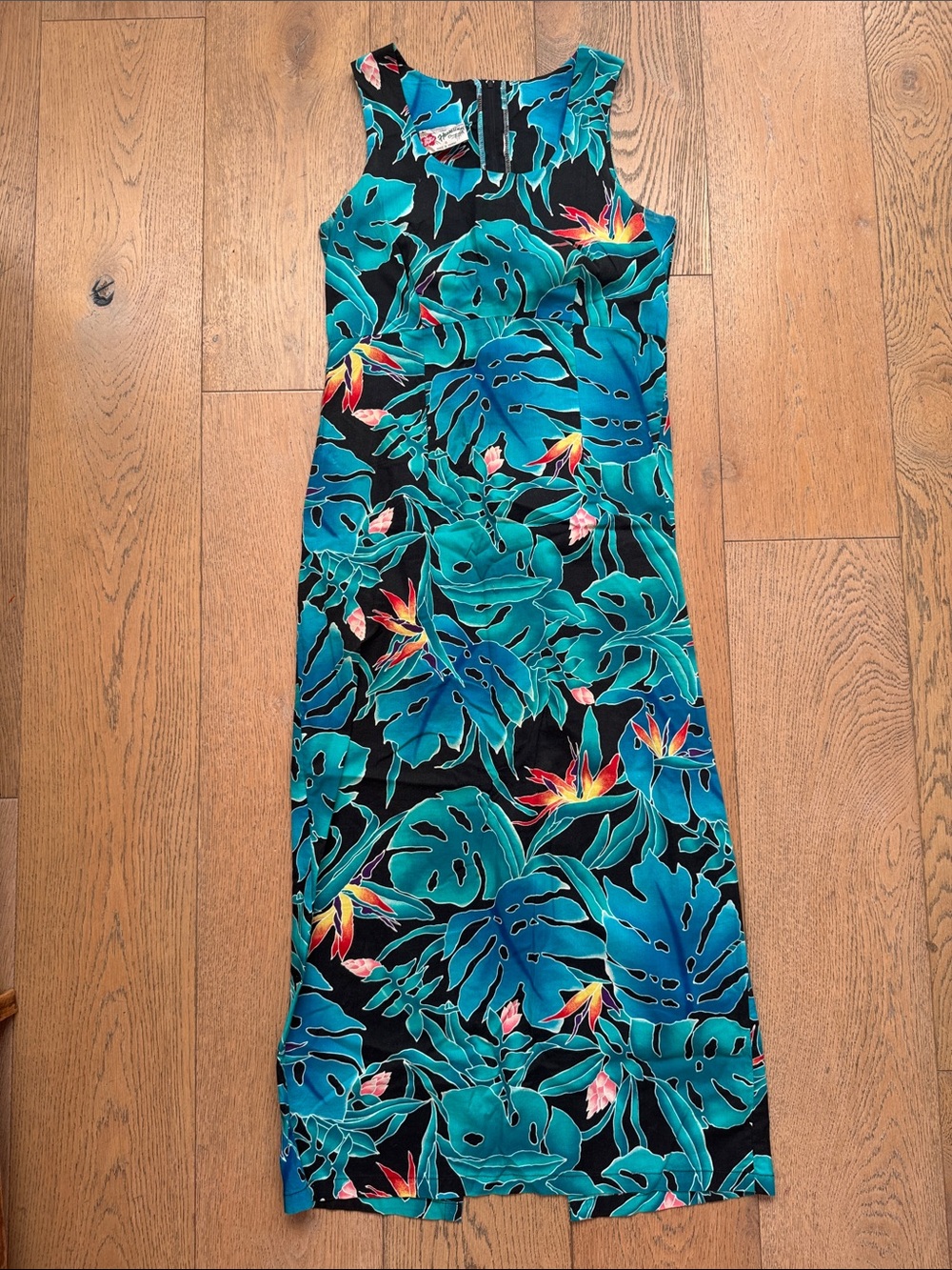 Hilo Hattie Hawaiian original summer maxi dress turquoise monstera tropical bird